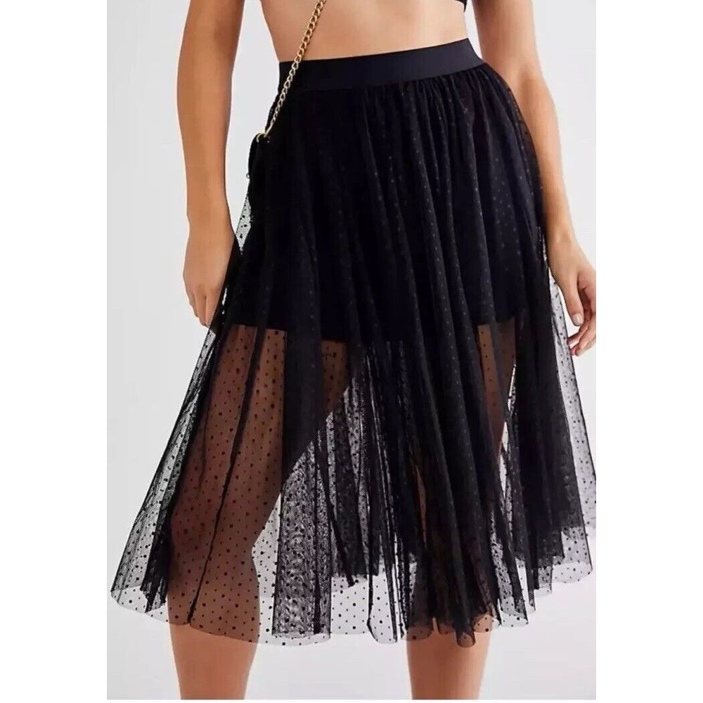NWT Sz XS $128 Free People Eden Tulle Skirt Black Midi Sheer Swiss Dots Layering